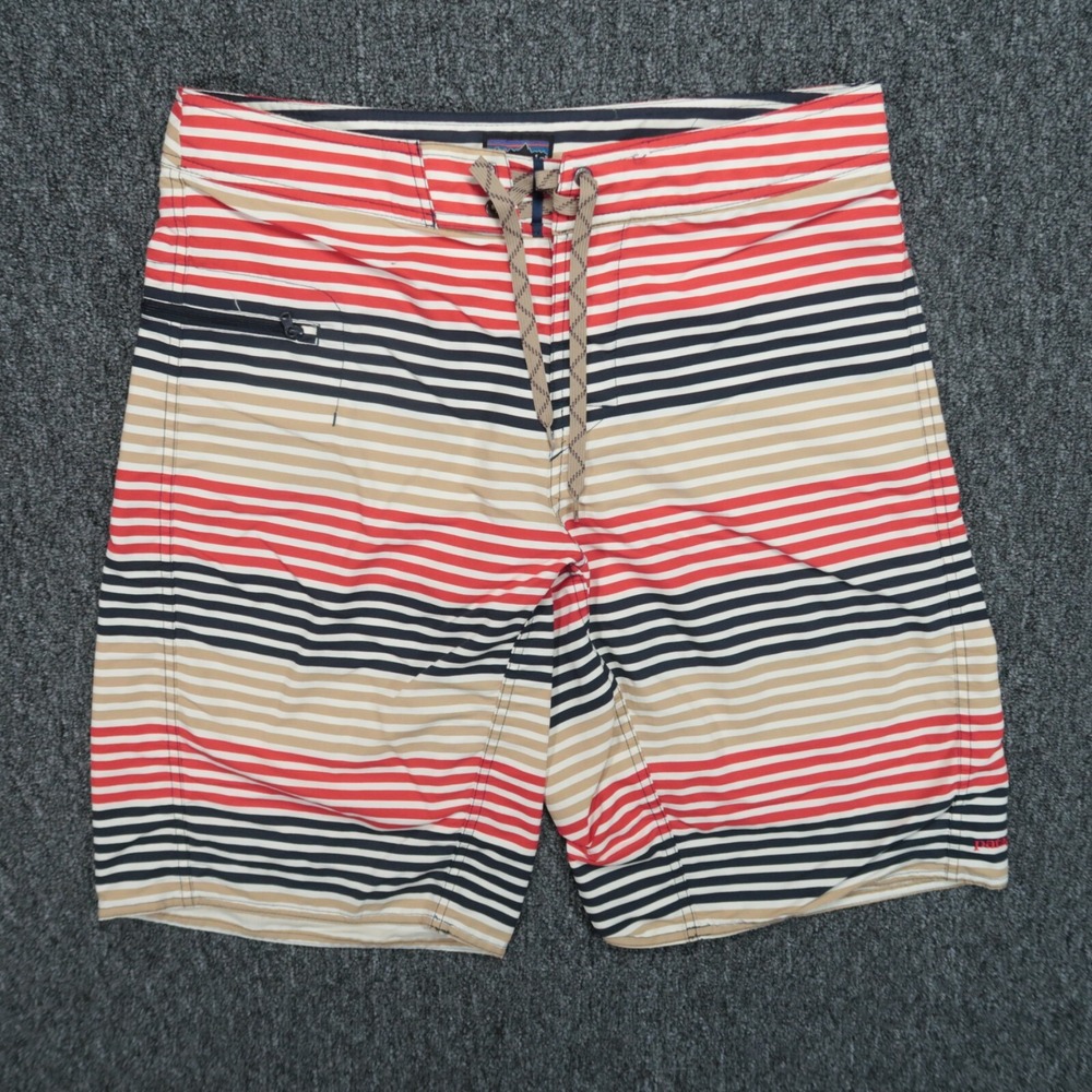 Patagonia Board Shorts Mens 31 Blue Red Tan Striped Wavefarer Zip Pocket Swim